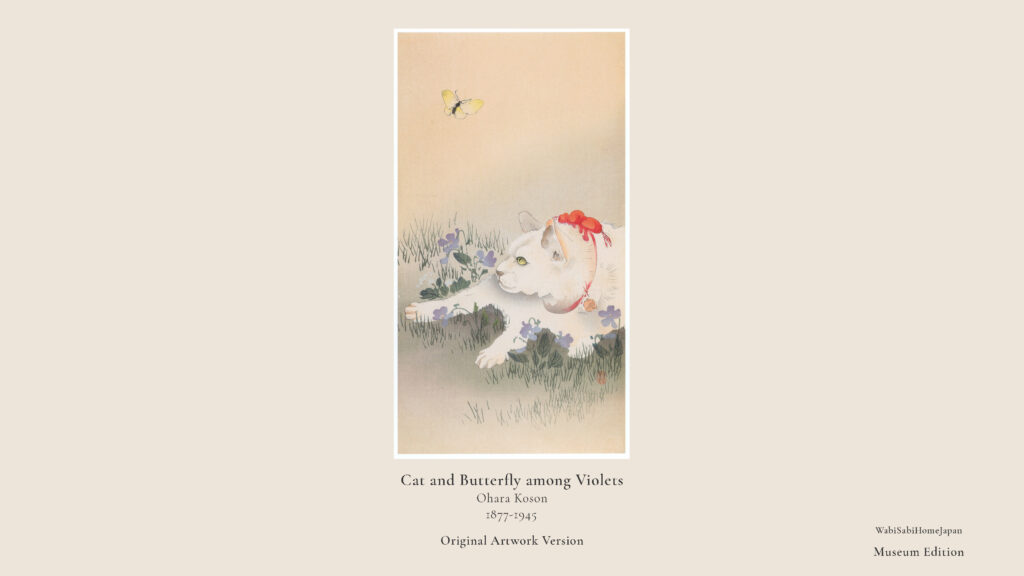 Cats in Japanese woodblock prints: a white cat among violets watching a butterfly in a work by Ohara Koson