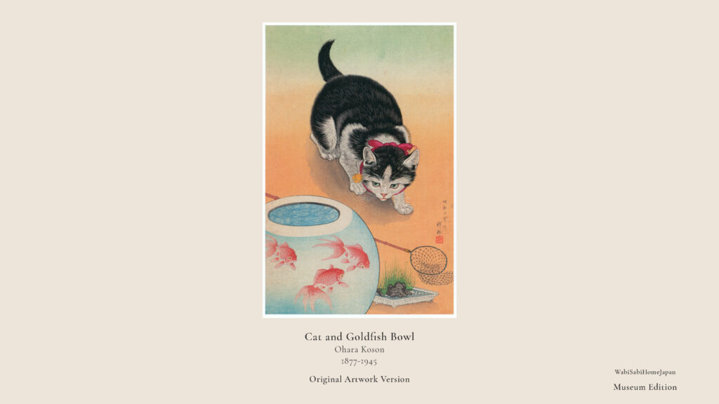 Cat watching a goldfish bowl in an Ohara Koson Japanese woodblock print