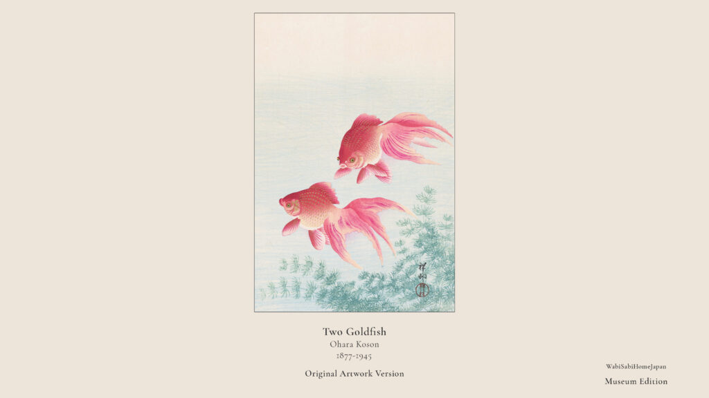 Goldfish in Japanese art by Ohara Koson, showing two goldfish swimming in calm water